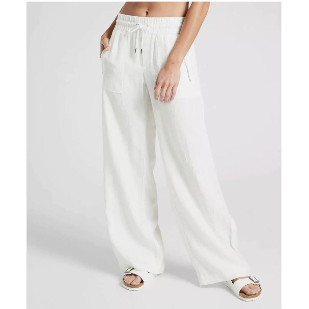 ATHLETA Cabo 100% Linen Wide Leg Elastic Waist Pockets Pant White Calla Lily 14